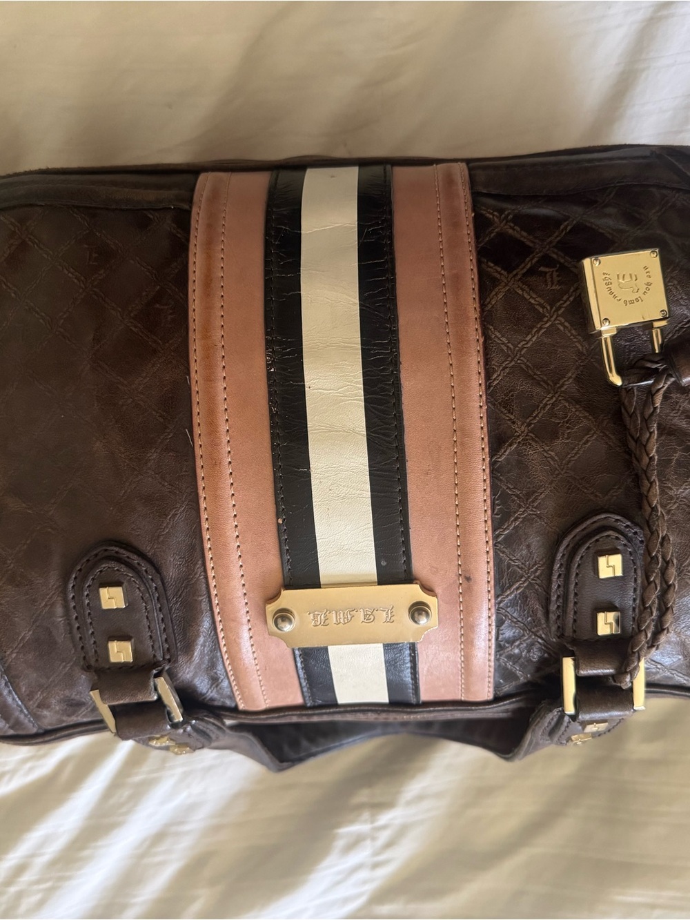 L.A.M.B. Dark Brown Leather Stripe Satchel with Contrast Center Panels. Rare.Y2K - Picture 4 of 11